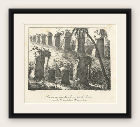 Antique Print of Ruins Found on Tinian, Mariana Islands, shown framed