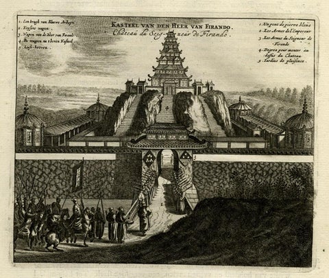 Antique Print of the Castle of the Shogun of Firando in Japan, 1669, close-up 1