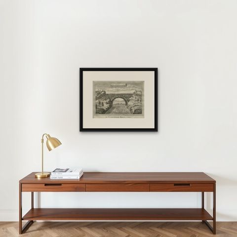 Antique Print of the Flying Bridge in China, 1747, shown framed on a wall, true to size
