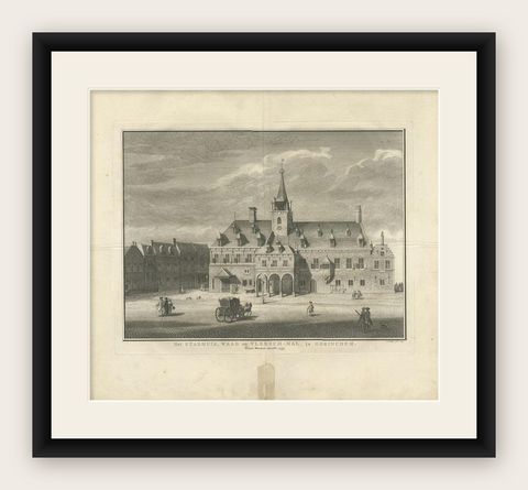 Antique Print of the City Hall of Gorinchem or Gorkum in The Netherlands, 1755, shown framed