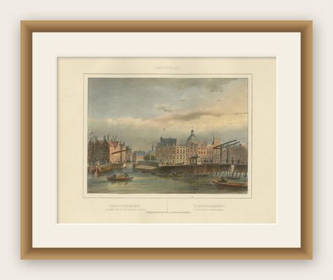 Antique View of Amsterdam’s Haringpakkerij and Nieuwe Stadsherberg Bridge, c1850, shown framed