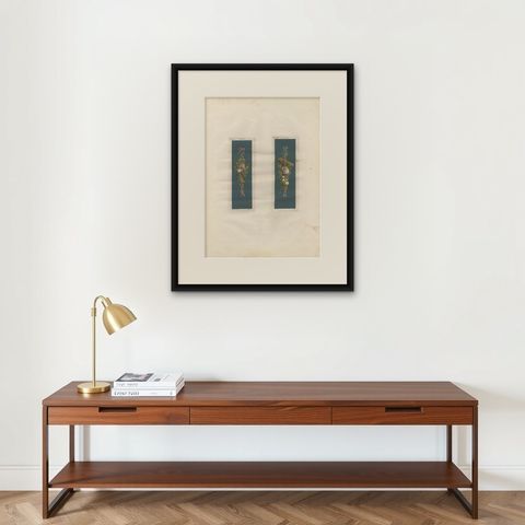 Antique Architecture Print of Ornaments 'Musica & Pastorale' by Albertolli, shown framed on a wall, true to size