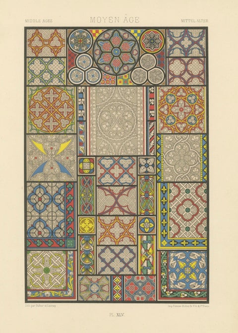 Medieval Floor Tile Patterns, Middle Ages Decorative Motifs, Plate XLV, c.1869, close-up 5