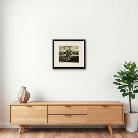 Antique Print of the Castle of the Shogun of Firando in Japan, 1669, shown framed on a wall, true to size