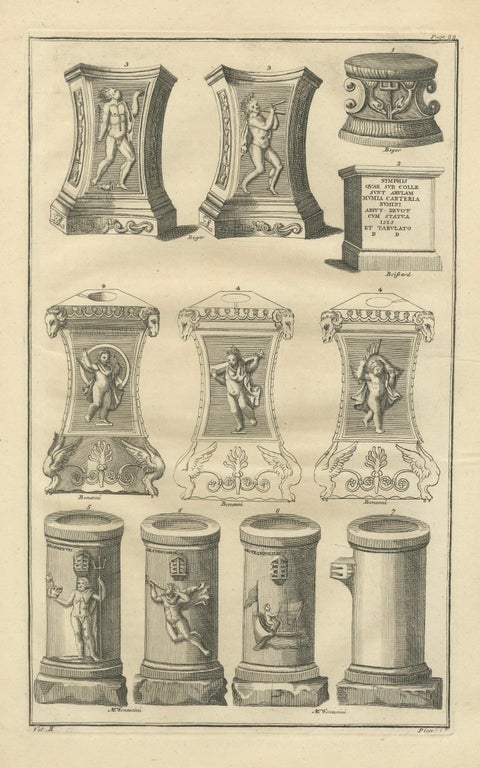 Classical Roman Altars & Antiquities Engraving, Montfaucon 1721, close-up 1