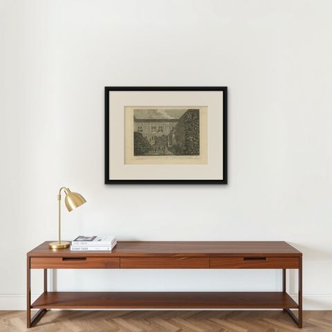 Antique Print of the House of Correction in Amsterdam by Fouquet, c.1780, shown framed on a wall, true to size