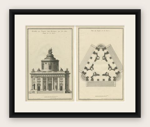 Neoclassical Visions: De Neufforge's Temple Designs Original Engravings, ca.1770, shown framed