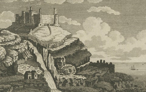 Antique engraving of Harlech Castle, Merionethshire, published by A.Hogg, c.1790, close-up 2