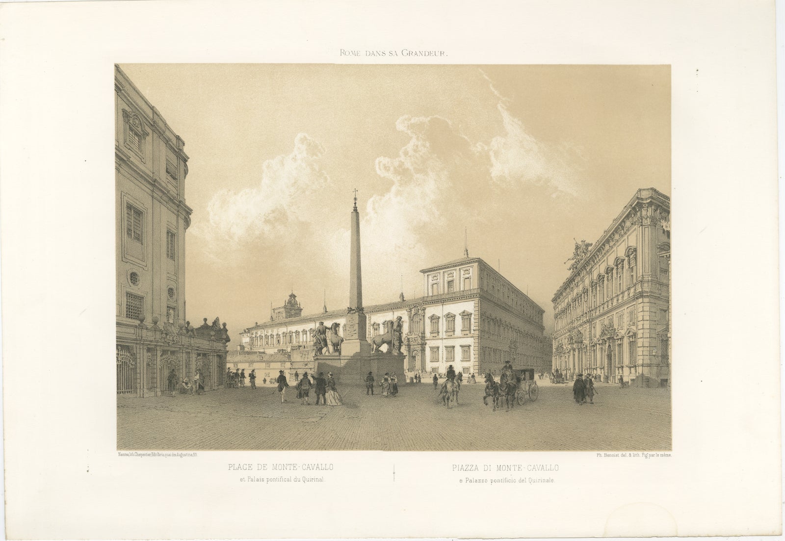 Piazza del Quirinale, Rome, Antique Architectural Square Print, 1869