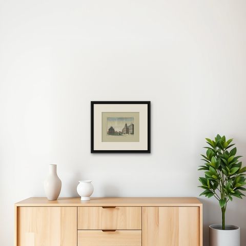 Antique Print of the Weigh-House and City Hall of Amsterdam, c.1765, shown framed on a wall, true to size