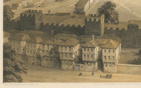 Rare 1852 Tinted Lithograph of Topkapi Palace Courtyard and Bosphorus, Istanbul, close-up 2