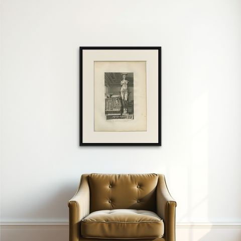 Antique Caryatid Sculpture of the Louvre Interior, Baltard Paris 1803, shown framed on a wall, true to size