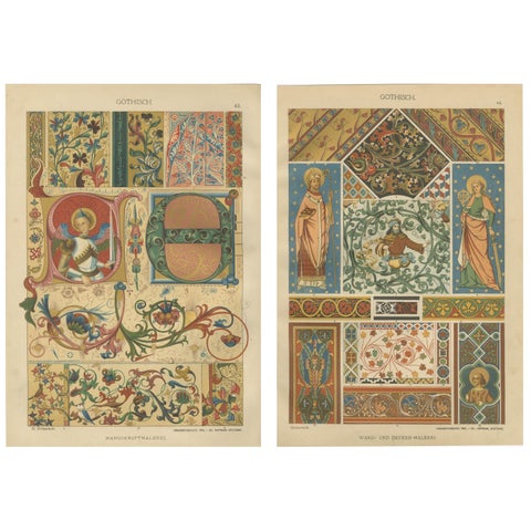 Pair of 19th Century Gothic Illuminated Ornament Prints Published in 1887