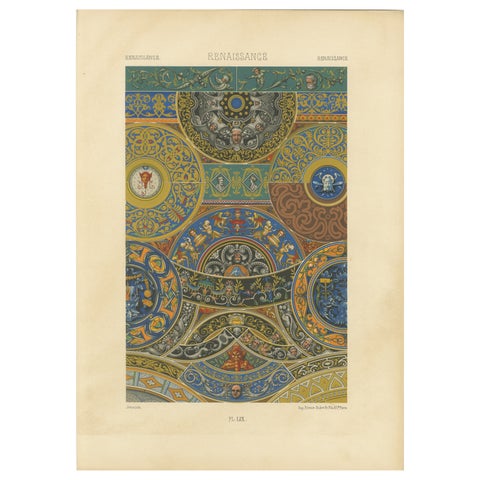 Renaissance Ceiling Ornament, Antique Decorative Print, Plate LIX, 1869