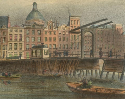 Antique View of Amsterdam’s Haringpakkerij and Nieuwe Stadsherberg Bridge, c1850, close-up 4