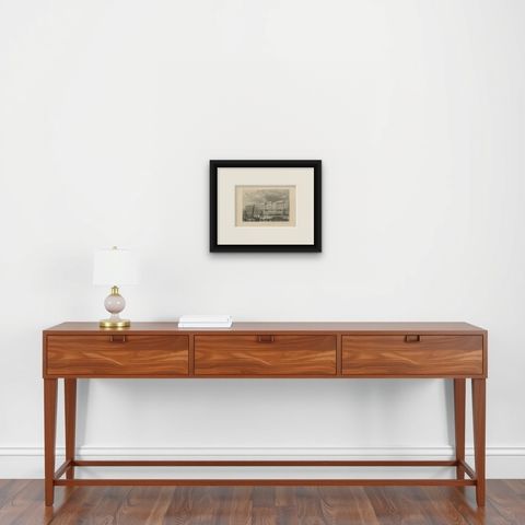 Antique Print of the Custom House of London, circa 1840, shown framed on a wall, true to size