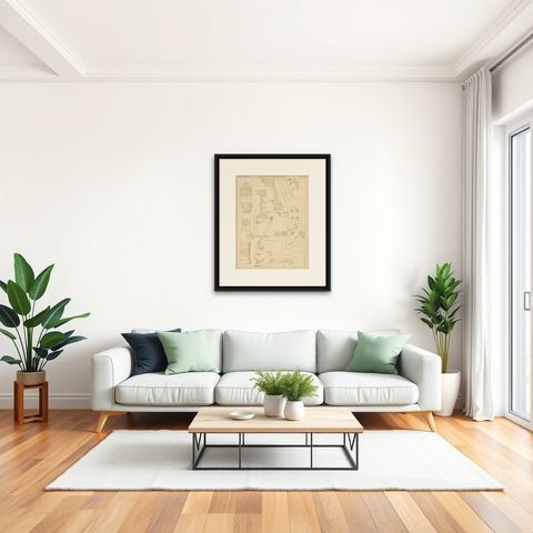 Pl. 80 Antique Print of Furniture Details by Kramer, circa 1910, shown framed in a room, true to size