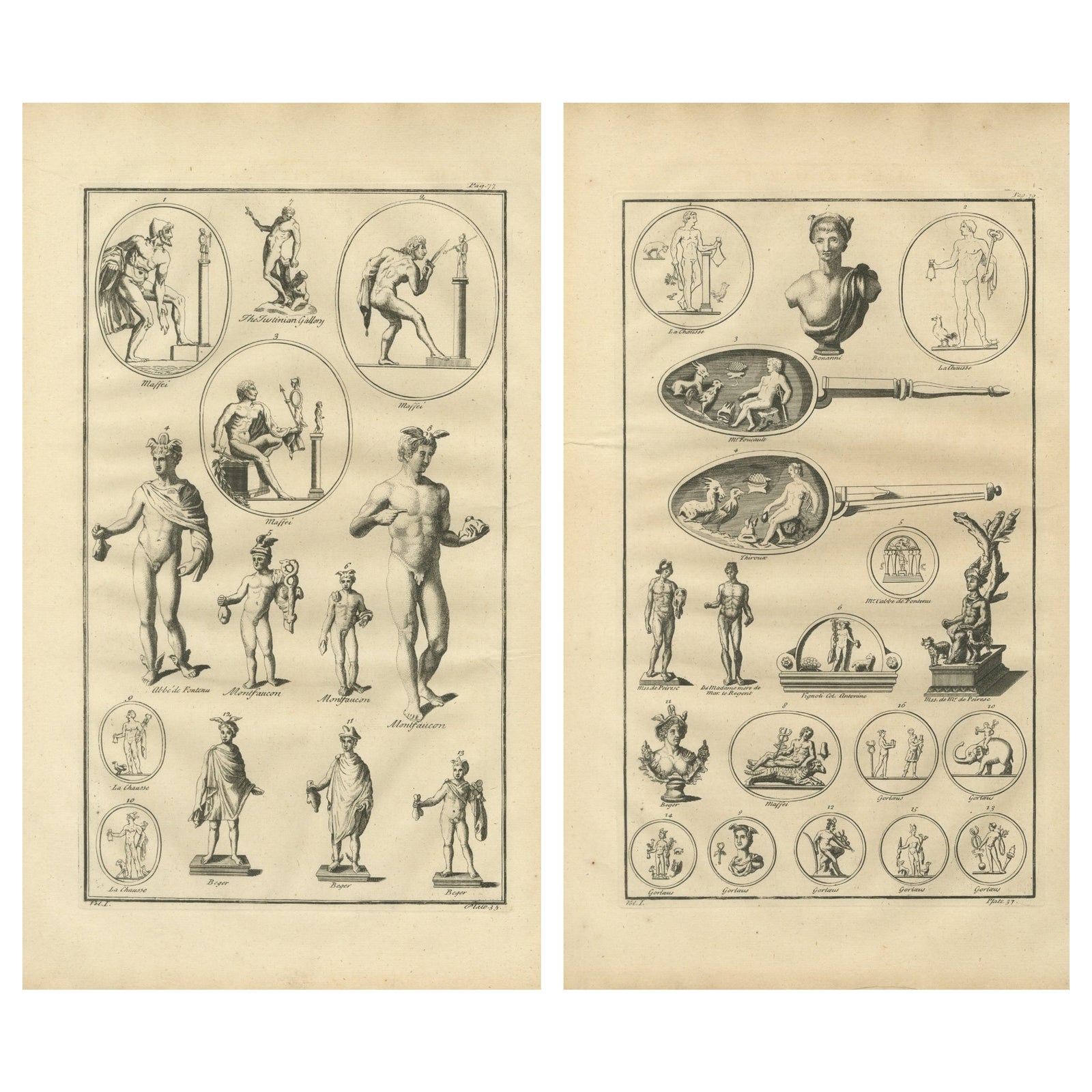 Pair of Roman Classical Sculpture Engravings, Montfaucon Antiquity, c.1721