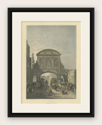 1829 Etching of Temple Bar in Bustling Regency London, shown framed