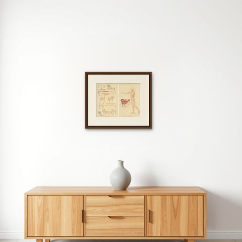 Set of 2 Antique Prints of Furniture Designs by Sheraton '1805', shown framed on a wall, true to size