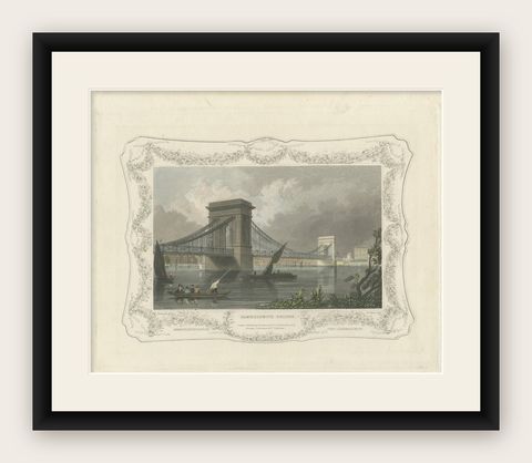 1828 Aquatint Vista of Hammersmith Bridge Over the Thames, shown framed