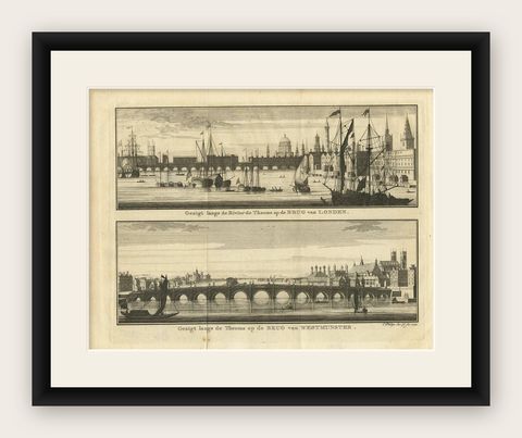 Antique Print with Views of the London Bridge and Westminster Bridge, 1754, shown framed