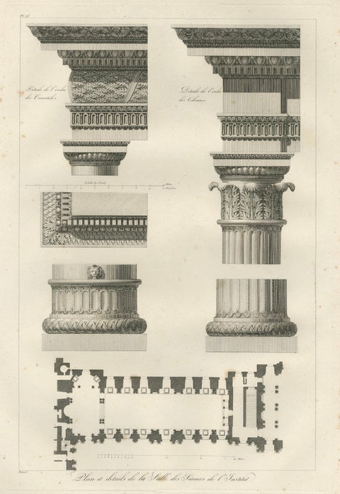Two Antique Louvre Architectural Study Prints, Institut Details, Baltard 1803, close-up 2