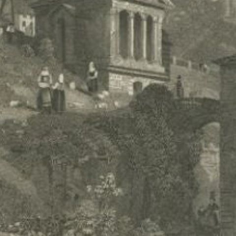 Antique Print of the Temple of Clitumnus by Meyer, 1837, close-up 2