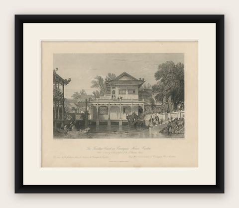 Antique China Consequa House Canton Print, Thomas Allom Steel Engraving 1843, shown framed
