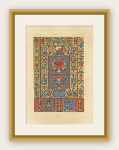 Renaissance Ornament Print, “Por la Gracia de Dios” with Cherubs & Scrollwork, shown framed