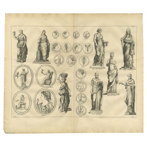 Roman Female Statues and Medallions, Montfaucon Antiquarian Engraving, 1721
