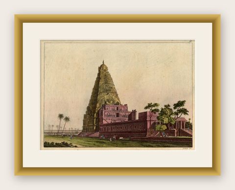Rare and Hand Coloured Engraving of A Temple in South East Asia, 1827, shown framed