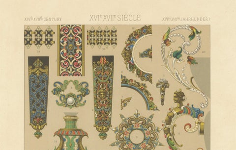 Baroque Ornament Details, 16th & 17th Century Design Elements, Plate LXII, 1869, close-up 3