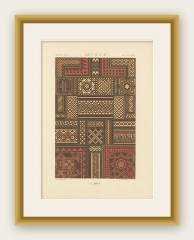 Middle Ages Interlace Motifs, Antique Print of Medieval Knotwork Patterns, 1869, shown framed