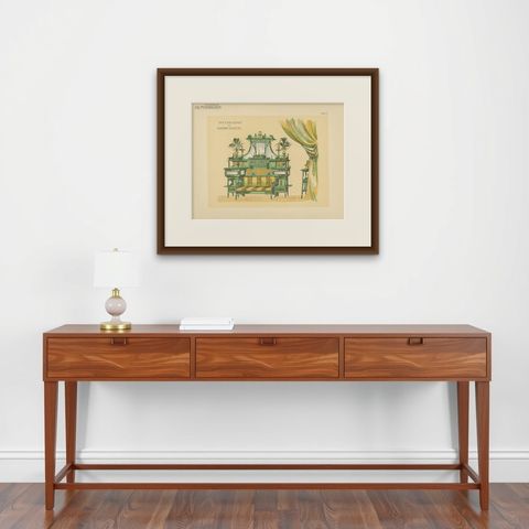 Pl. 12 Antique Print of a Sofa and Furniture by Kramer, circa 1910, shown framed on a wall, true to size