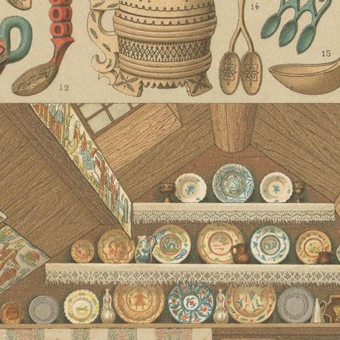 Pl. 125 Antique Print of Swedish Interior of Racinet, 'circa 1880', close-up 2