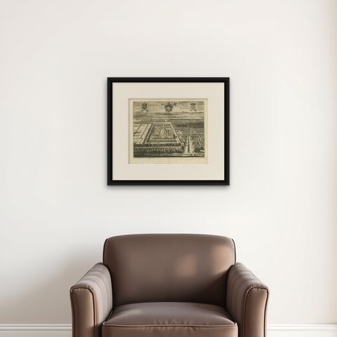 Antique Print of the Popkensburg Estate by Smallegange, 1696, shown framed on a wall, true to size