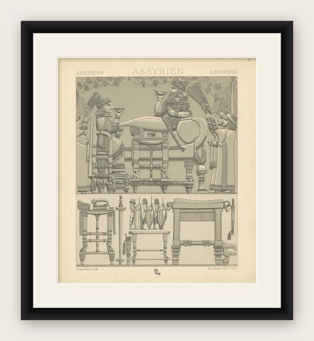 Antique Print of Assyrian Furniture by Racinet, circa 1880, shown framed