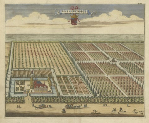 Old Handcolored Print of the Watervliet Estate in East Flanders, Belgium, 1696, close-up 1