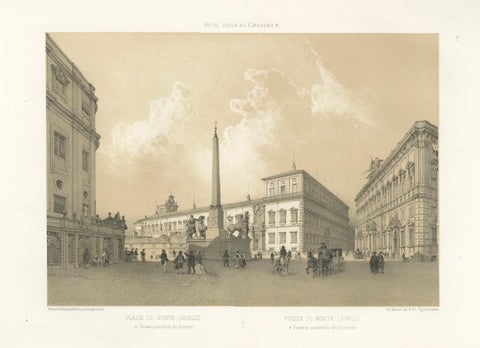 Piazza del Quirinale, Rome, Antique Architectural Square Print, 1869, close-up 1