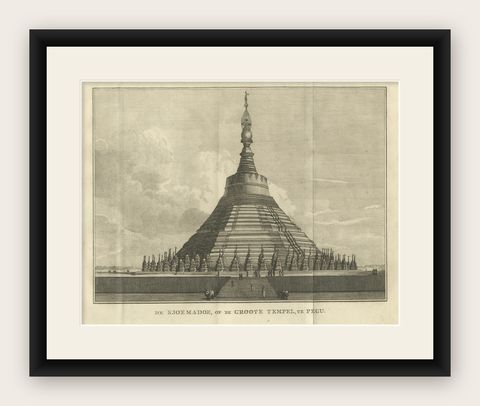 Shwemawdaw Pagoda in Pegu, Antique Engraving of the Great Temple of Burma, 1800, shown framed
