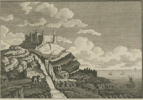 Antique engraving of Harlech Castle, Merionethshire, published by A.Hogg, c.1790, close-up 3