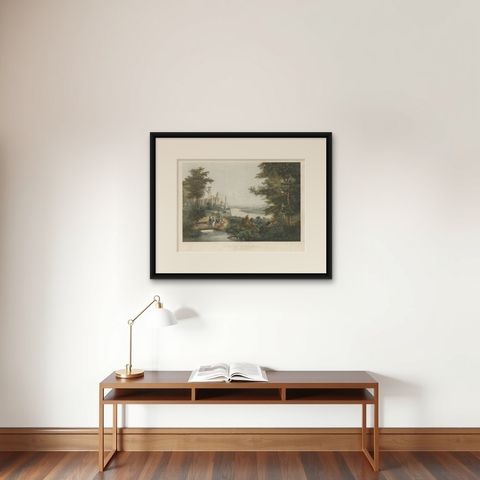 The Castle of Stolzenfels on the Rhine, Large Chromolithograph, 1840, shown framed on a wall, true to size