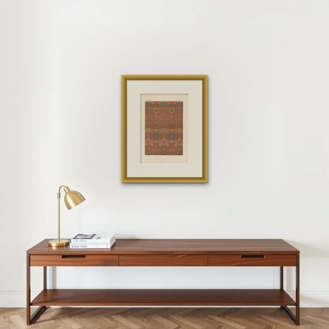 Antique Print of Silk and Gold Fabrics II 'Japan' by G. Audsley, 1882, shown framed on a wall, true to size