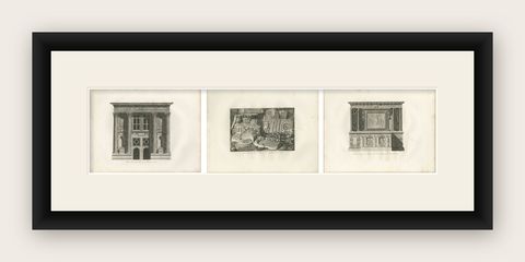 French Neoclassical Architecture Engravings Set, Château d’Écouen, 1803, shown framed
