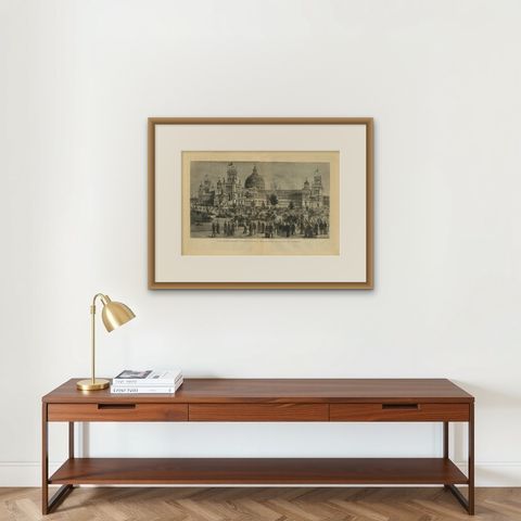 Antique Print of the Australian International Exhibition Building at Sydney 1879, shown framed on a wall, true to size