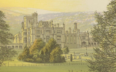 Ilam Hall Gothic Revival Estate View, English Country House Engraving, c.1850, close-up 2