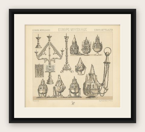 Pl. 8 Antique Print of European Decorative Objects by Racinet, circa 1880, shown framed