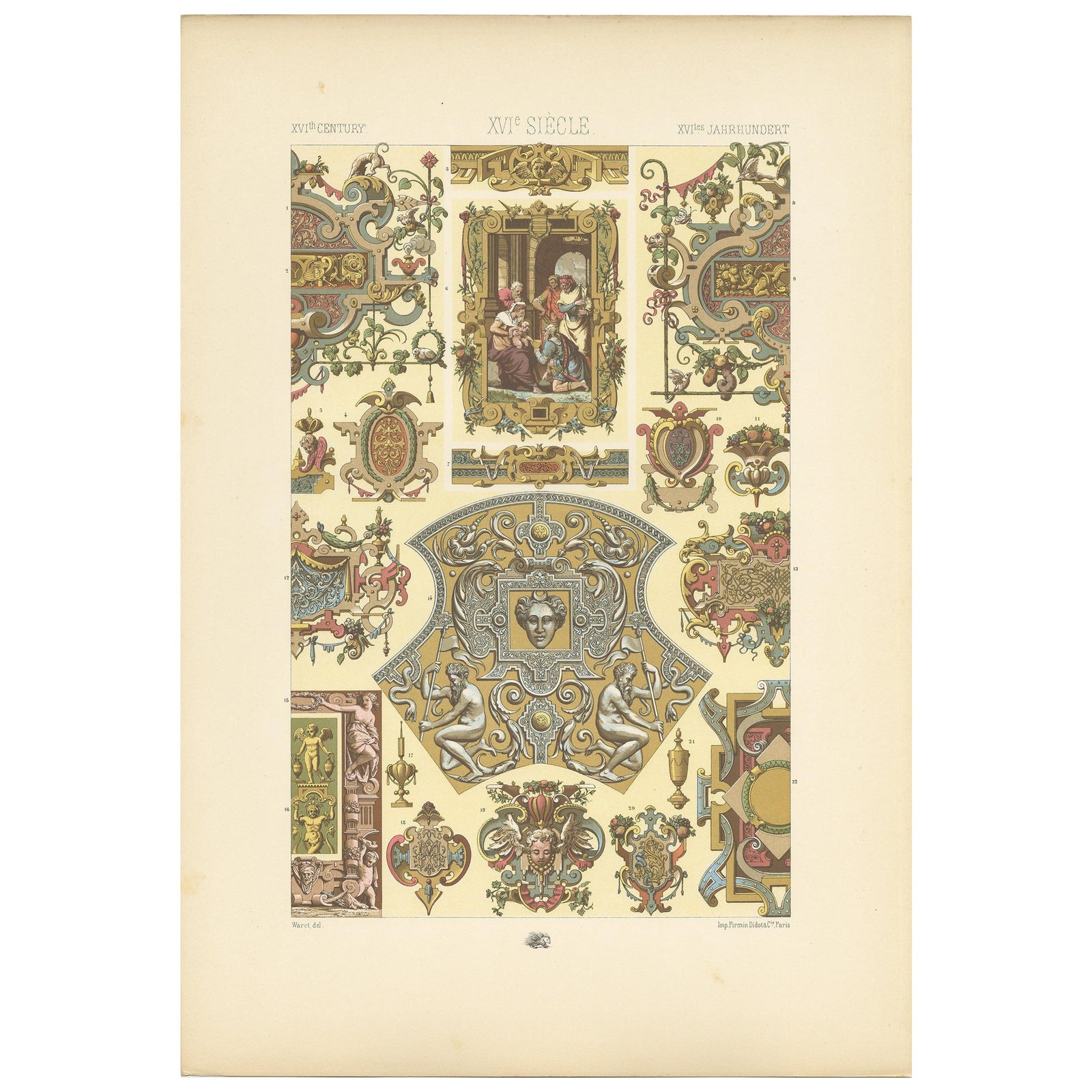 Antique Print of 16th Century Frames and Ornaments by Racinet circa 1890