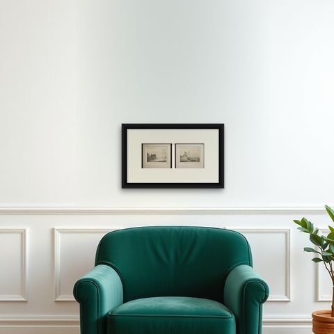 Antique English Landscape Etchings, Castle & Ruins, Sherlock, 1811, shown framed on a wall, true to size